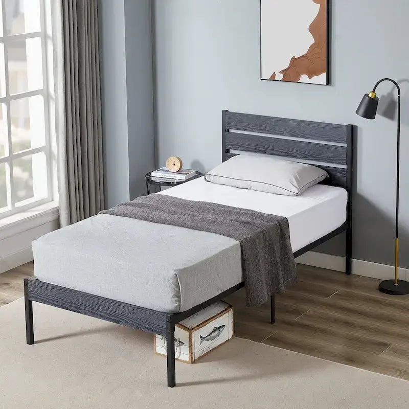 Metal Platform Bed Frame with Wood Grain Headboard – Brown / Slate / Black, Twin / Full / Queen, Single