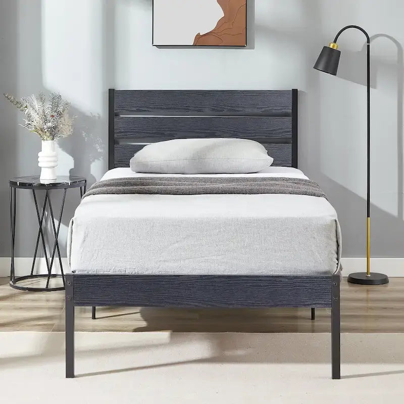Metal Platform Bed Frame with Wood Grain Headboard – Brown / Slate / Black, Twin / Full / Queen, Single