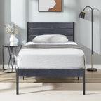 Metal Platform Bed Frame with Wood Grain Headboard – Brown / Slate / Black, Twin / Full / Queen, Single