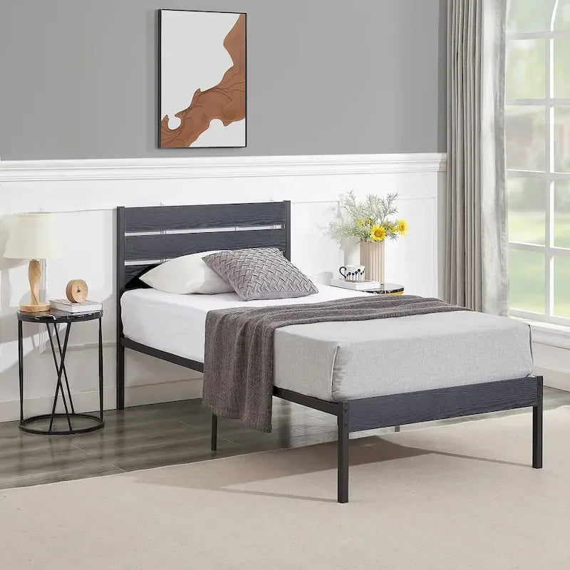 Metal Platform Bed Frame with Wood Grain Headboard – Brown / Slate / Black, Twin / Full / Queen, Single