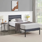 Metal Platform Bed Frame with Wood Grain Headboard – Brown / Slate / Black, Twin / Full / Queen, Single