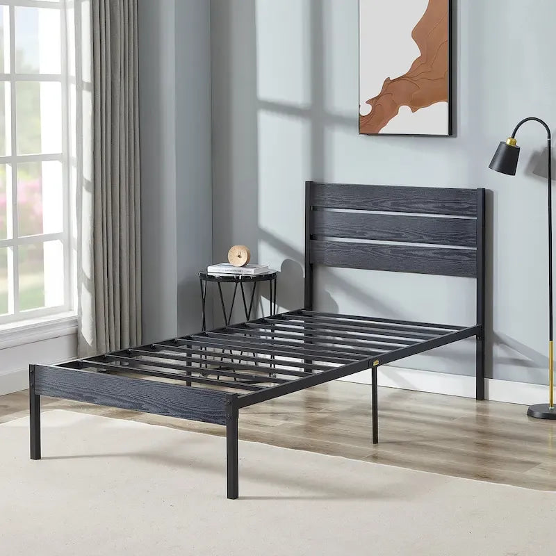 Metal Platform Bed Frame with Wood Grain Headboard – Brown / Slate / Black, Twin / Full / Queen, Single