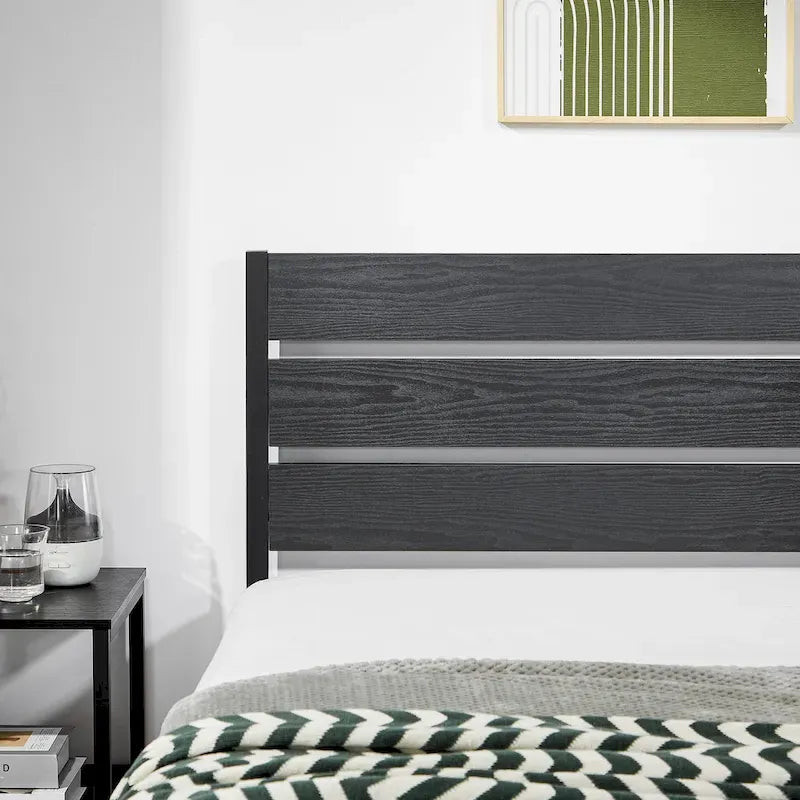 Metal Platform Bed Frame with Wood Grain Headboard – Brown / Slate / Black, Twin / Full / Queen, Single
