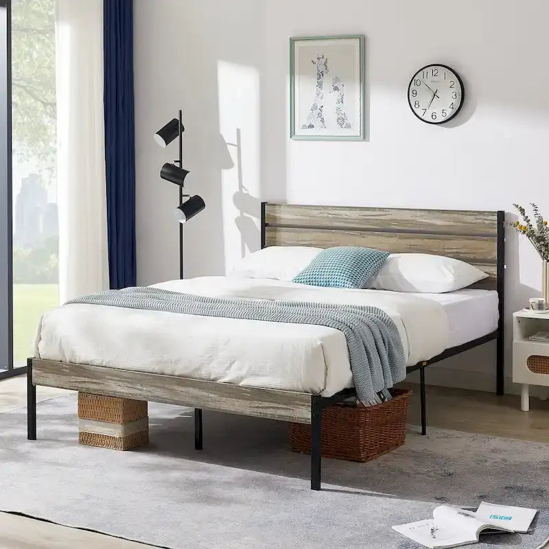 Metal Platform Bed Frame with Wood Grain Headboard – Brown / Slate / Black, Twin / Full / Queen, Single