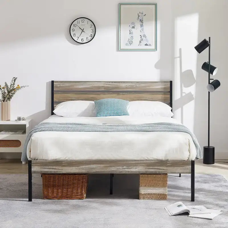 Metal Platform Bed Frame with Wood Grain Headboard – Brown / Slate / Black, Twin / Full / Queen, Single