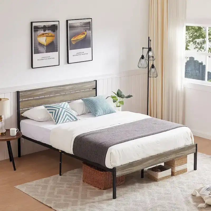 Metal Platform Bed Frame with Wood Grain Headboard – Brown / Slate / Black, Twin / Full / Queen, Single
