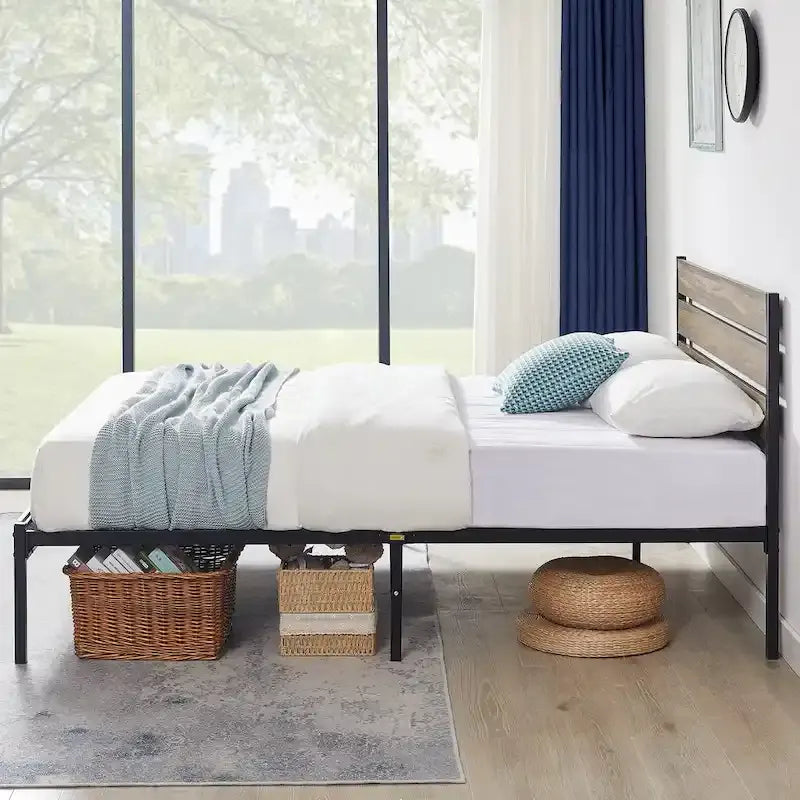 Metal Platform Bed Frame with Wood Grain Headboard – Brown / Slate / Black, Twin / Full / Queen, Single