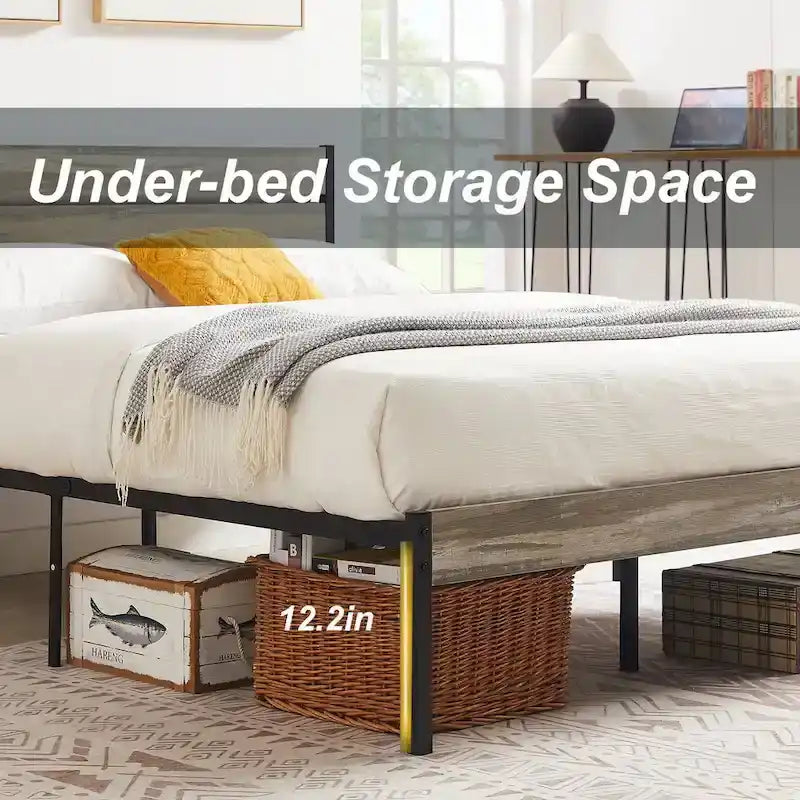 Metal Platform Bed Frame with Wood Grain Headboard – Brown / Slate / Black, Twin / Full / Queen, Single
