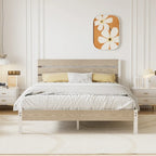 Metal Platform Bed Frame with Wood Grain Headboard – Brown / Slate / Black, Twin / Full / Queen, Single