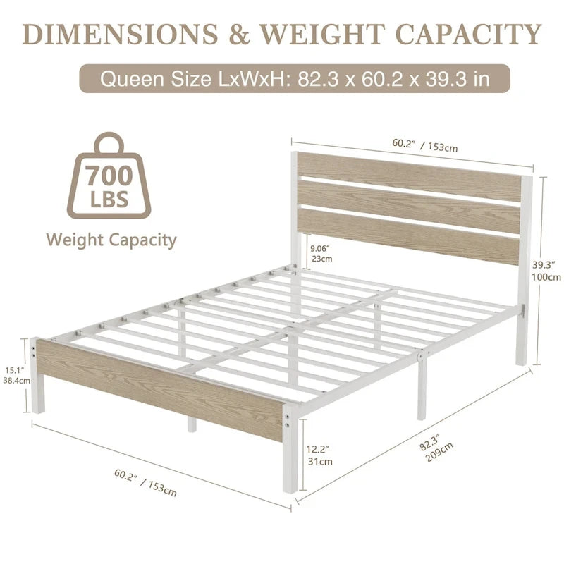Metal Platform Bed Frame with Wood Grain Headboard – Brown / Slate / Black, Twin / Full / Queen, Single
