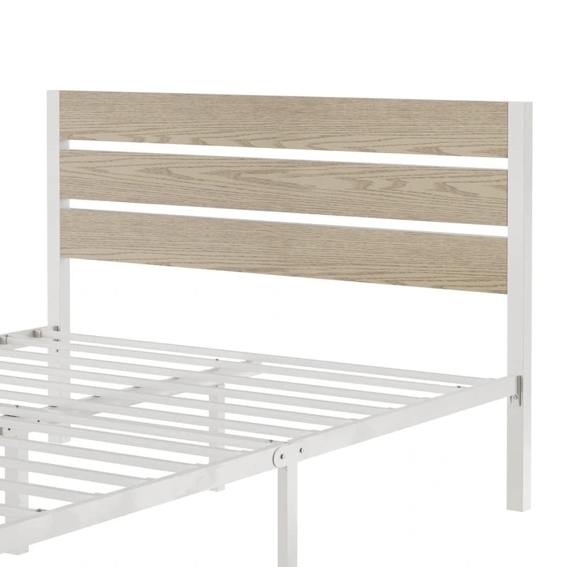 Metal Platform Bed Frame with Wood Grain Headboard – Brown / Slate / Black, Twin / Full / Queen, Single