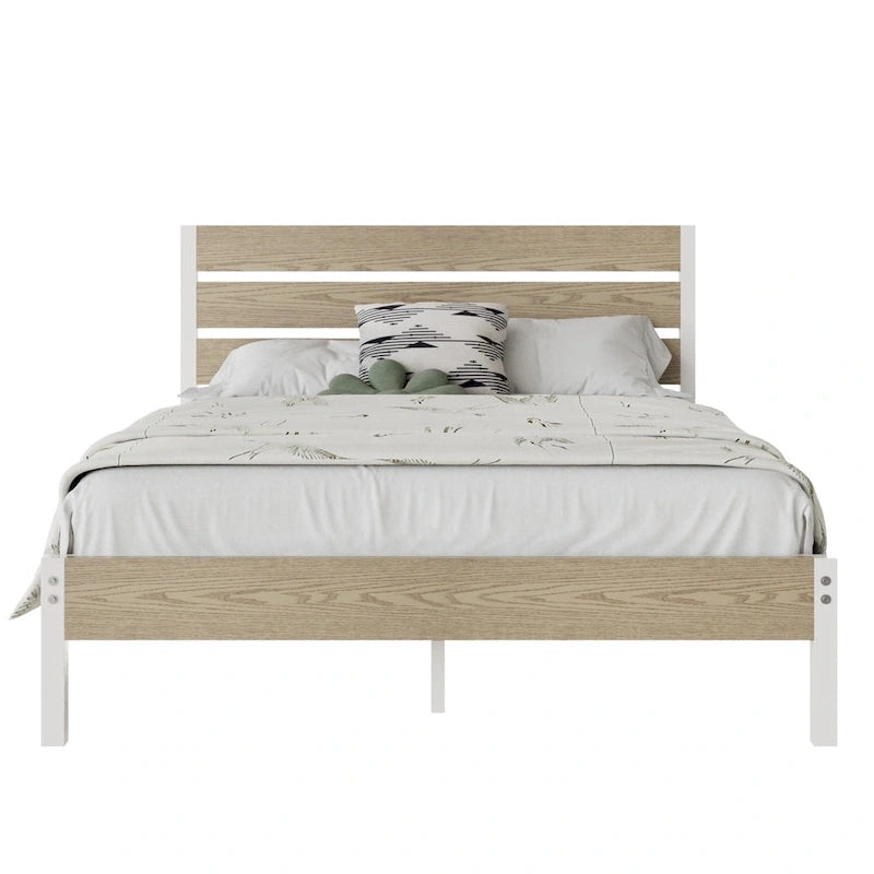 Metal Platform Bed Frame with Wood Grain Headboard – Brown / Slate / Black, Twin / Full / Queen, Single
