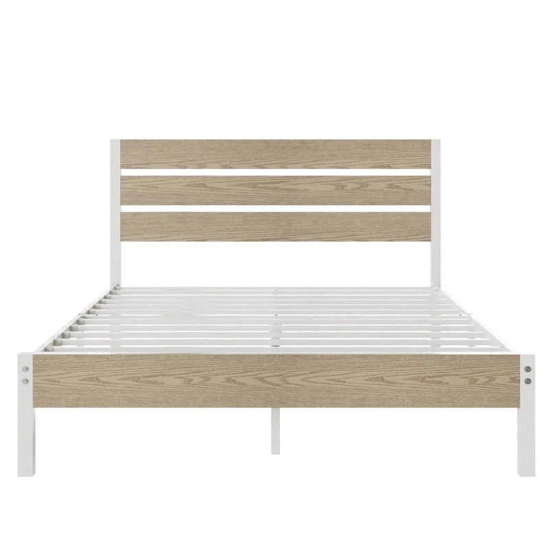 Metal Platform Bed Frame with Wood Grain Headboard – Brown / Slate / Black, Twin / Full / Queen, Single
