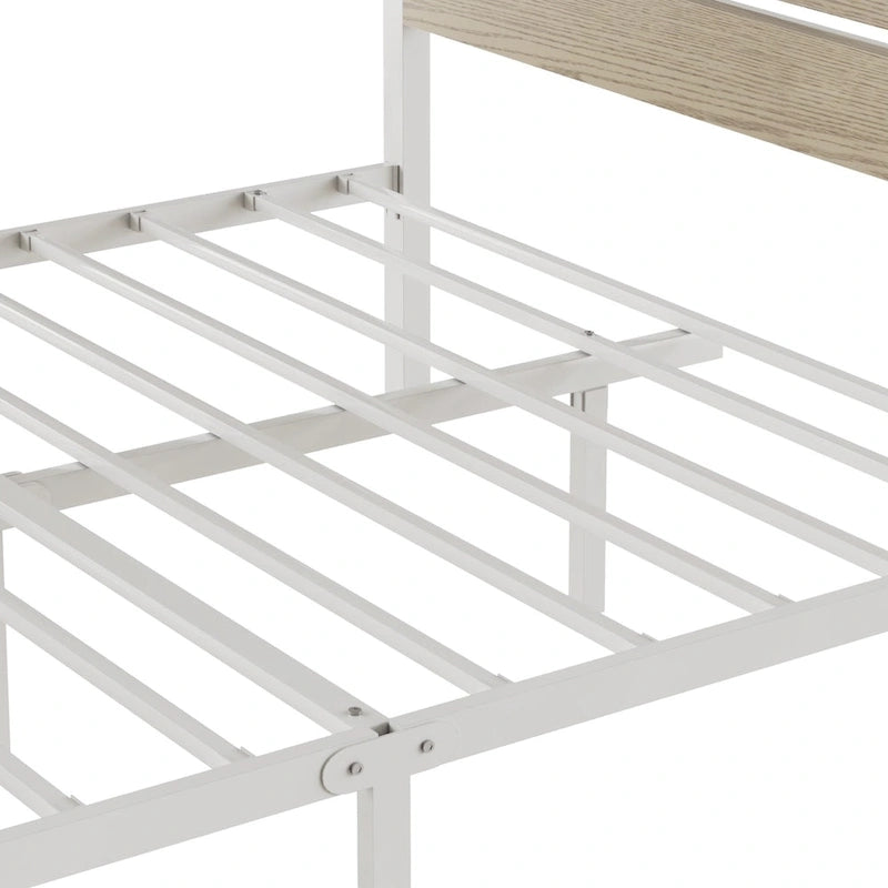 Metal Platform Bed Frame with Wood Grain Headboard – Brown / Slate / Black, Twin / Full / Queen, Single