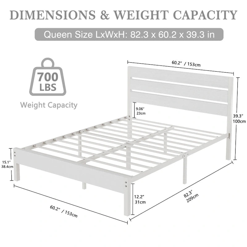 Metal Platform Bed Frame with Wood Grain Headboard – Brown / Slate / Black, Twin / Full / Queen, Single
