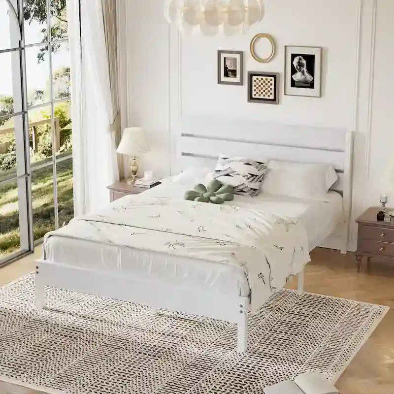 Metal Platform Bed Frame with Wood Grain Headboard – Brown / Slate / Black, Twin / Full / Queen, Single