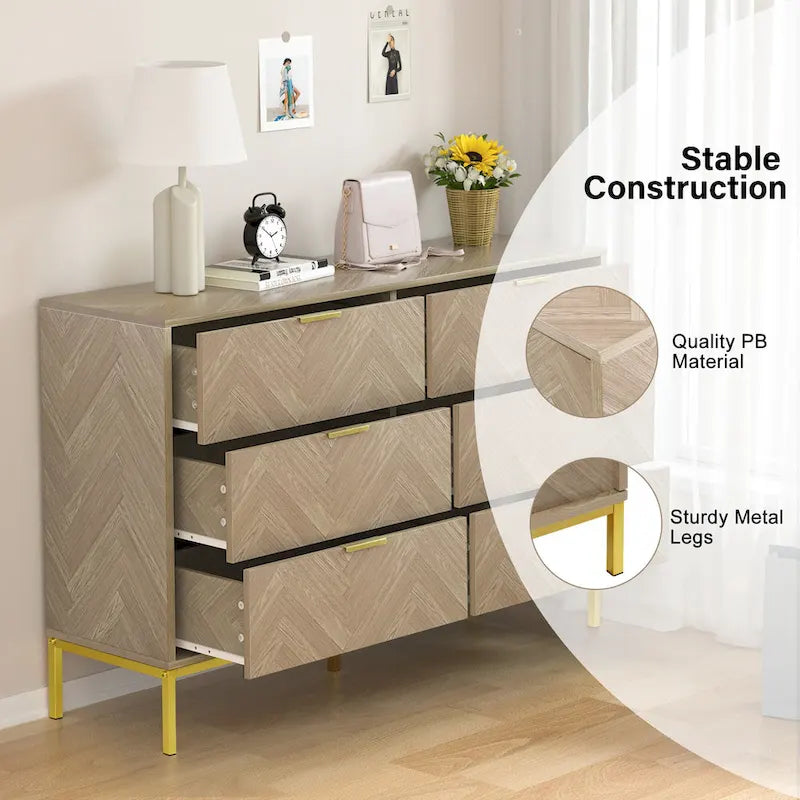 6-Drawer Double Dresser, Herringbone Texture with Gold Legs – Oak, Modern Style