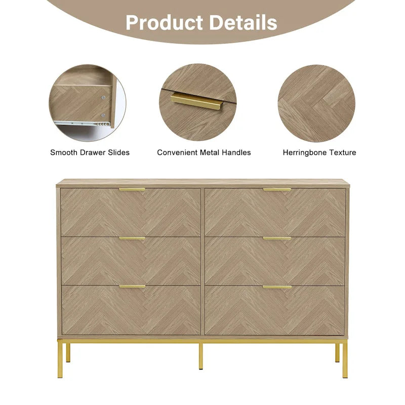 6-Drawer Double Dresser, Herringbone Texture with Gold Legs – Oak, Modern Style