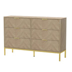 6-Drawer Double Dresser, Herringbone Texture with Gold Legs – Oak, Modern Style