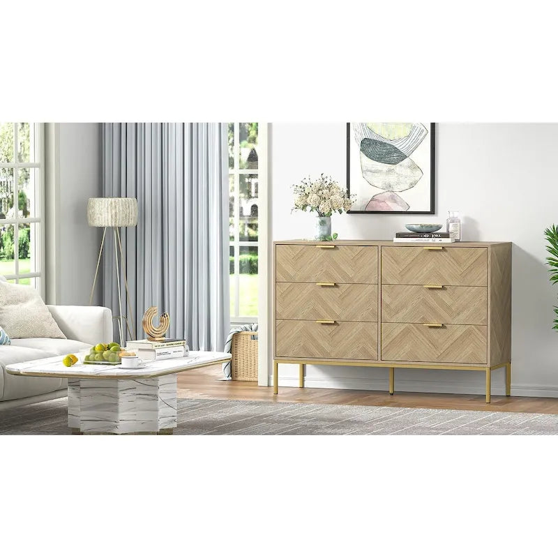 6-Drawer Double Dresser, Herringbone Texture with Gold Legs – Oak, Modern Style