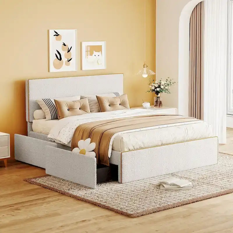 Full Fleece Platform Bed with 4 Storage Drawers & Gold-Edge Headboard – Grey / White, Single