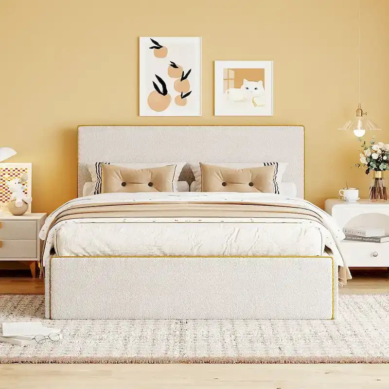 Full Fleece Platform Bed with 4 Storage Drawers & Gold-Edge Headboard – Grey / White, Single