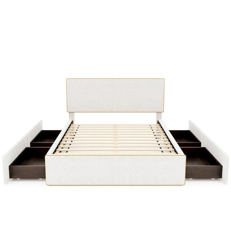 Full Fleece Platform Bed with 4 Storage Drawers & Gold-Edge Headboard – Grey / White, Single