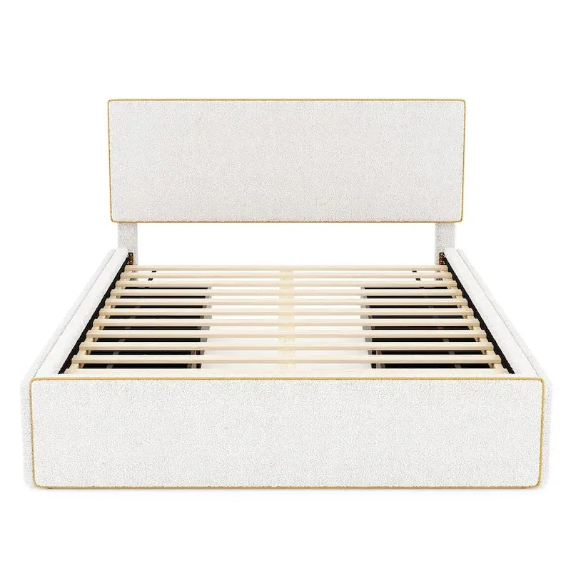 Full Fleece Platform Bed with 4 Storage Drawers & Gold-Edge Headboard – Grey / White, Single