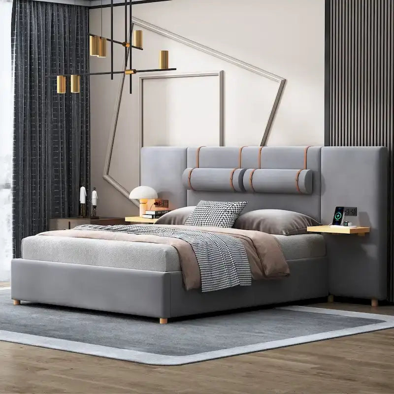 Queen Velvet Platform Bed with USB Charging, Storage Shelves & Built-in Pillows – Gray / Beige, Single