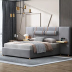 Queen Velvet Platform Bed with USB Charging, Storage Shelves & Built-in Pillows – Gray / Beige, Single