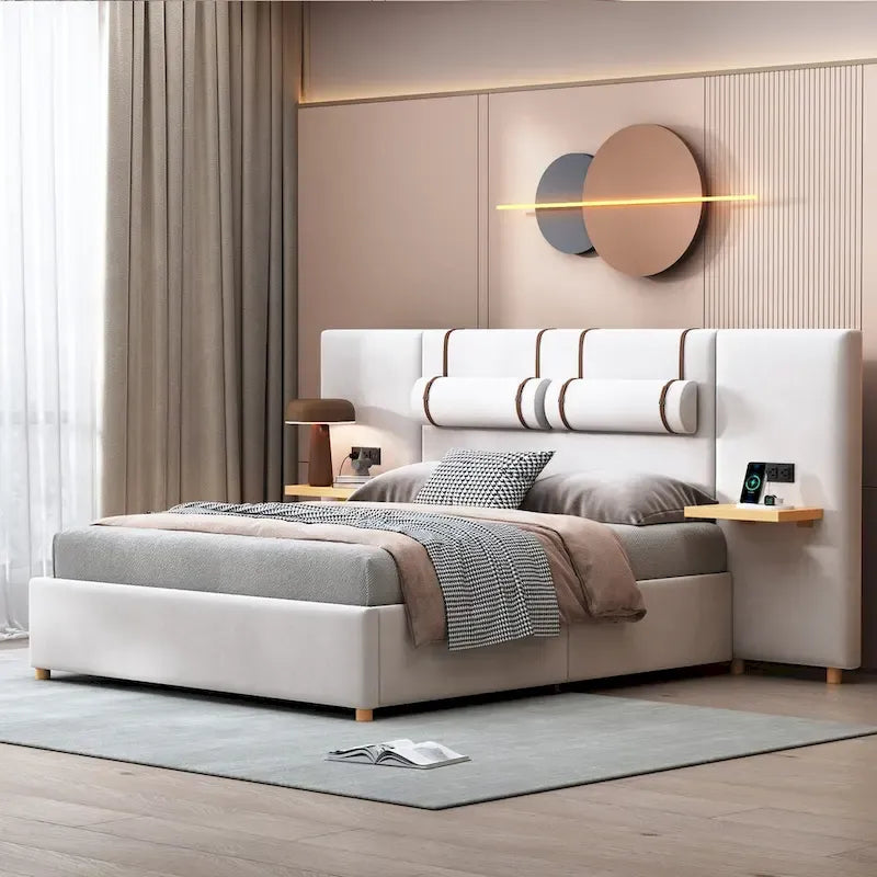 Queen Size Velvet Upholstered Platform Bed,Two Outlets and USB Charging Ports on Both Sides,Two Bedside Pillows,Storage Shelves