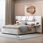 Queen Size Velvet Upholstered Platform Bed,Two Outlets and USB Charging Ports on Both Sides,Two Bedside Pillows,Storage Shelves