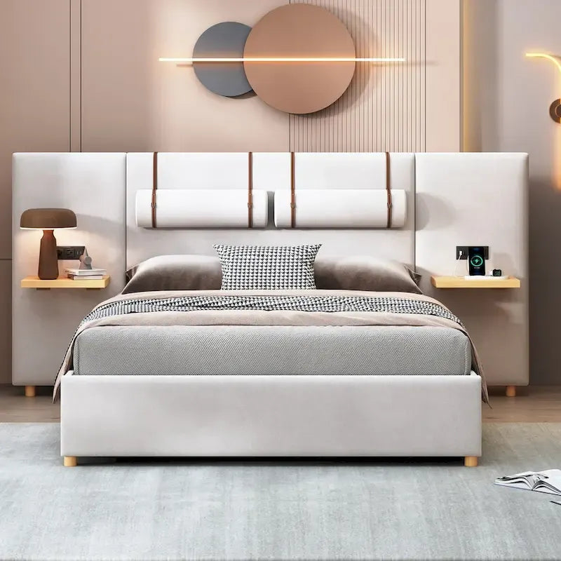 Queen Velvet Platform Bed with USB Charging, Storage Shelves & Built-in Pillows – Gray / Beige, Single
