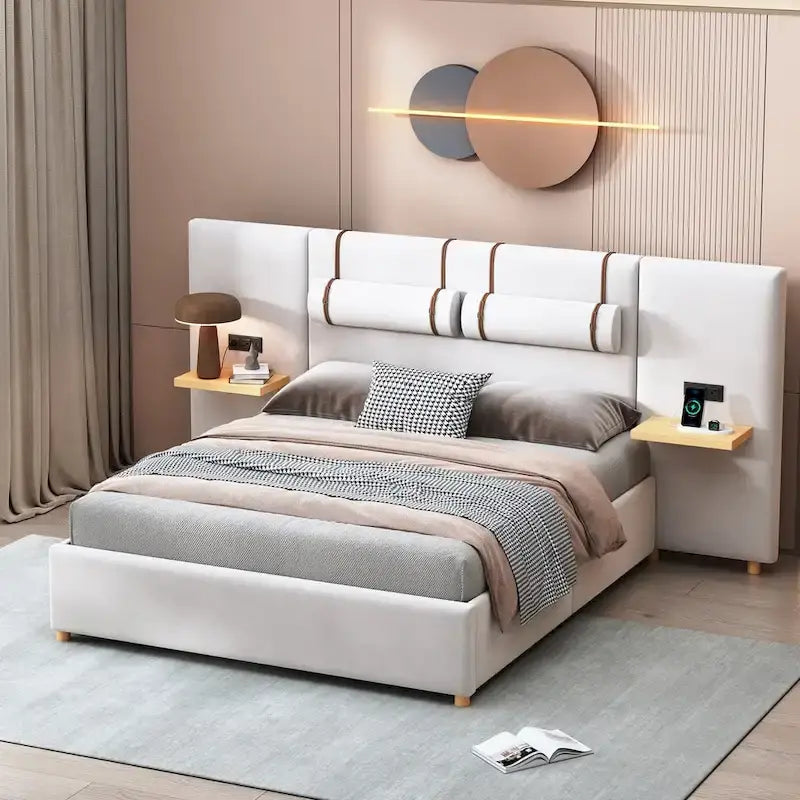 Queen Velvet Platform Bed with USB Charging, Storage Shelves & Built-in Pillows – Gray / Beige, Single