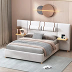 Queen Velvet Platform Bed with USB Charging, Storage Shelves & Built-in Pillows – Gray / Beige, Single