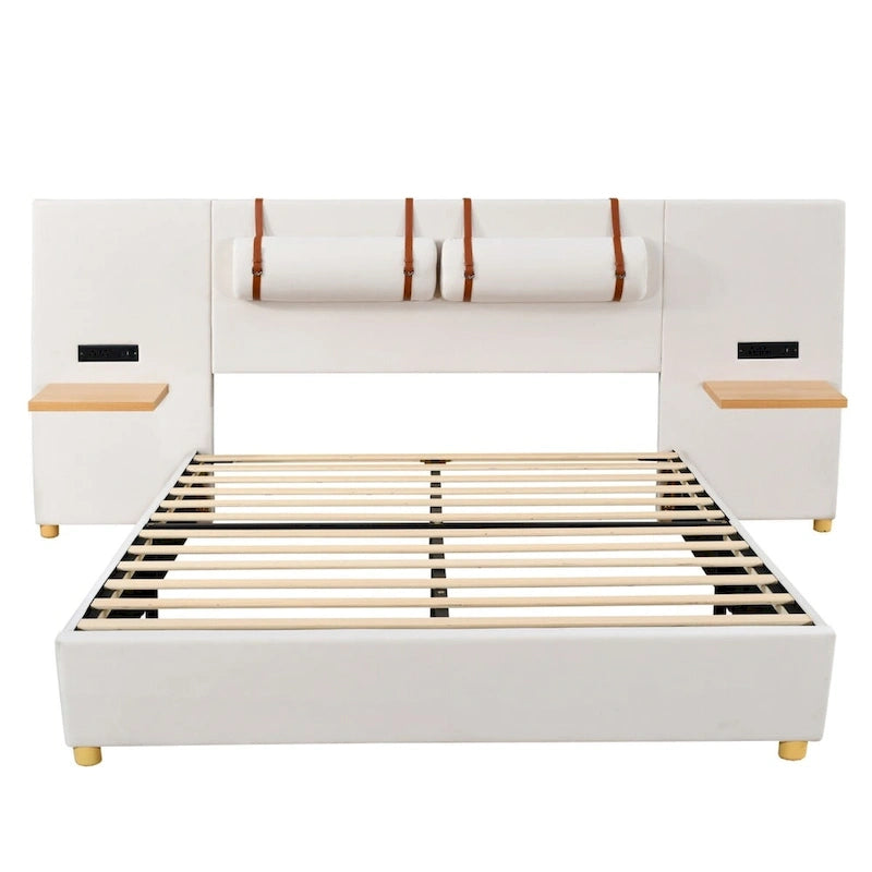 Queen Velvet Platform Bed with USB Charging, Storage Shelves & Built-in Pillows – Gray / Beige, Single