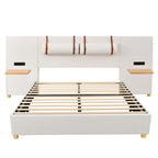 Queen Velvet Platform Bed with USB Charging, Storage Shelves & Built-in Pillows – Gray / Beige, Single