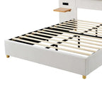 Queen Velvet Platform Bed with USB Charging, Storage Shelves & Built-in Pillows – Gray / Beige, Single