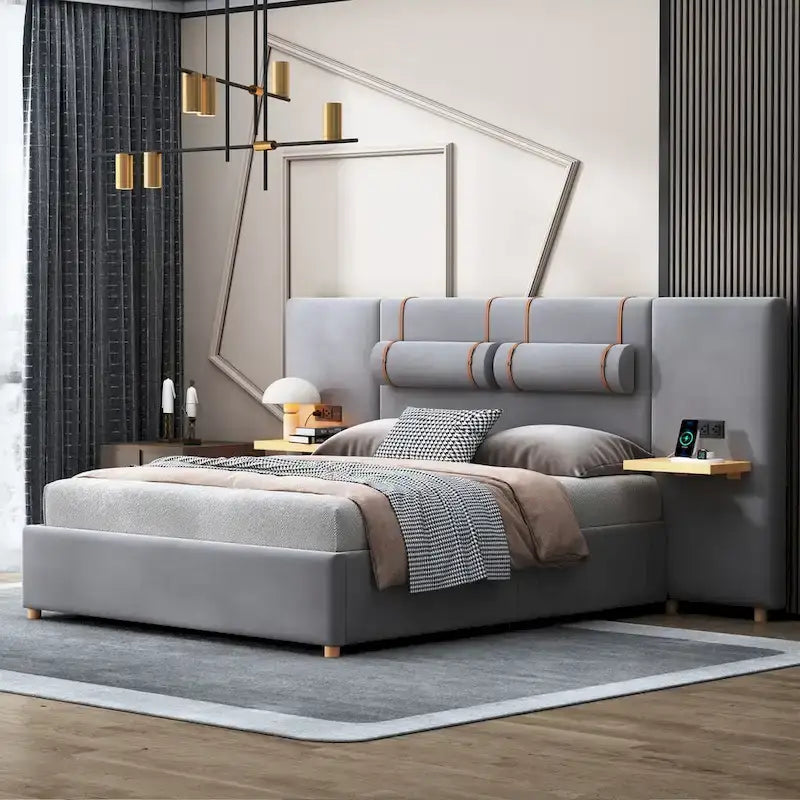 Queen Velvet Platform Bed with USB Charging, Storage Shelves & Built-in Pillows – Gray / Beige, Single