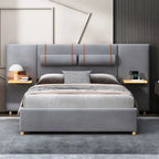 Queen Velvet Platform Bed with USB Charging, Storage Shelves & Built-in Pillows – Gray / Beige, Single