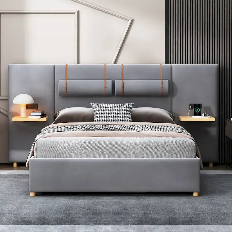 Queen Velvet Platform Bed with USB Charging, Storage Shelves & Built-in Pillows – Gray / Beige, Single