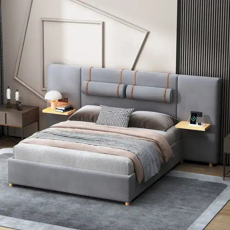 Queen Velvet Platform Bed with USB Charging, Storage Shelves & Built-in Pillows – Gray / Beige, Single