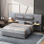 Queen Velvet Platform Bed with USB Charging, Storage Shelves & Built-in Pillows – Gray / Beige, Single