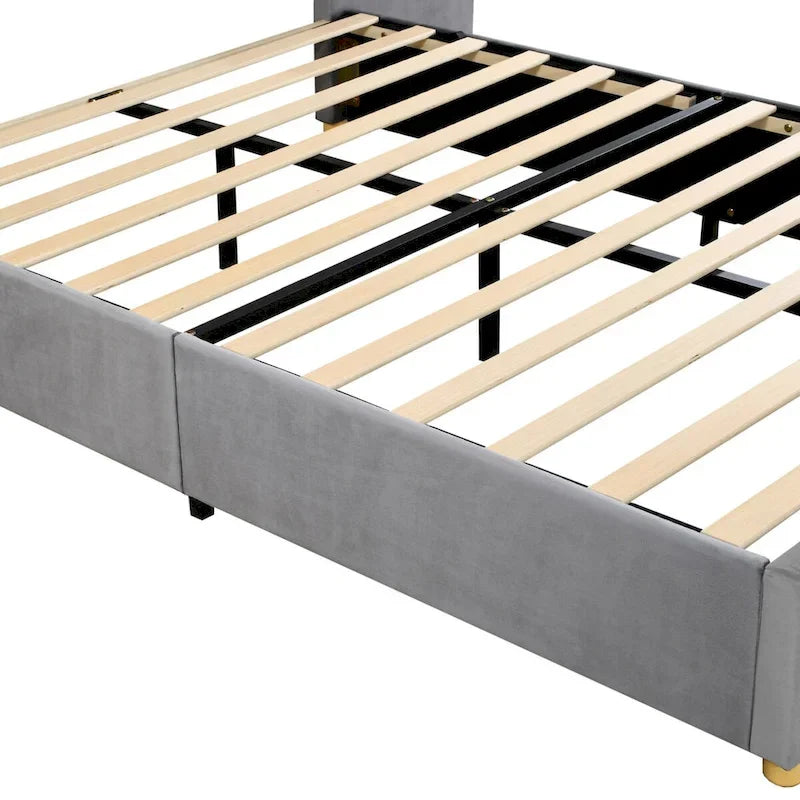 Queen Velvet Platform Bed with USB Charging, Storage Shelves & Built-in Pillows – Gray / Beige, Single