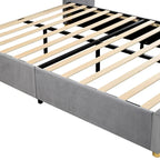 Queen Velvet Platform Bed with USB Charging, Storage Shelves & Built-in Pillows – Gray / Beige, Single