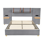 Queen Velvet Platform Bed with USB Charging, Storage Shelves & Built-in Pillows – Gray / Beige, Single