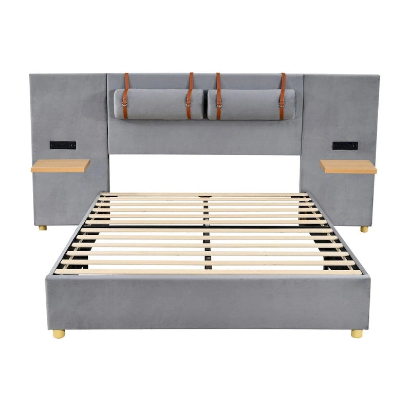 Queen Velvet Platform Bed with USB Charging, Storage Shelves & Built-in Pillows – Gray / Beige, Single