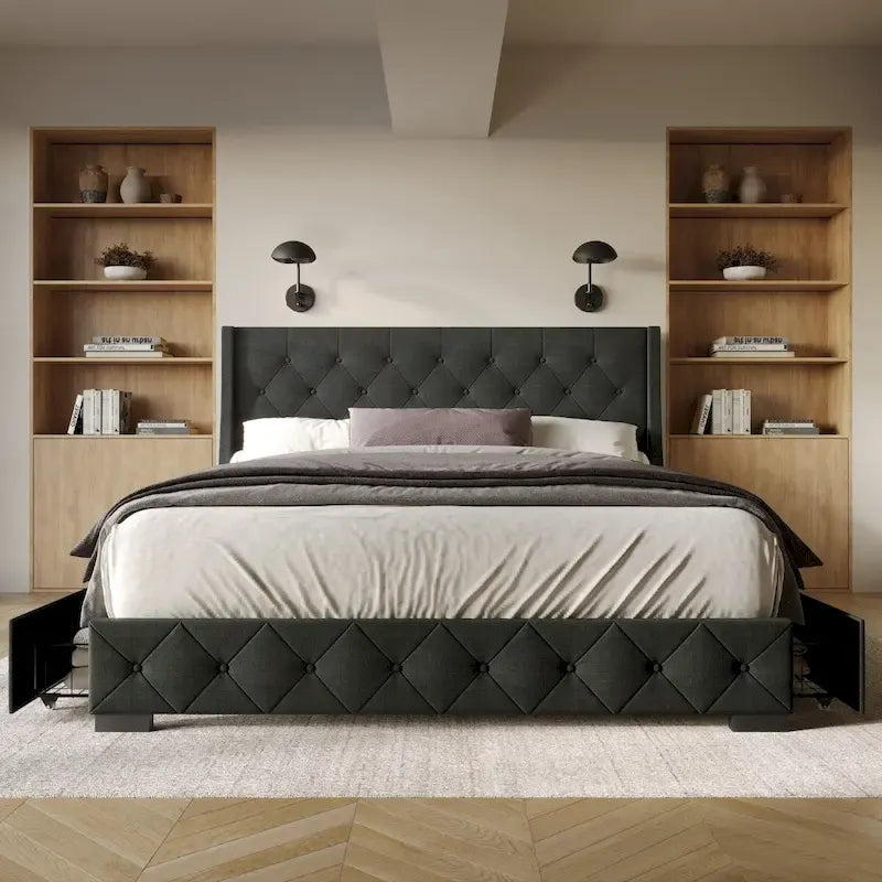Button-Tufted Linen Storage Platform Bed with Wingback Headboard – Charcoal / Warm / Light Grey, Full / Queen / King, Single