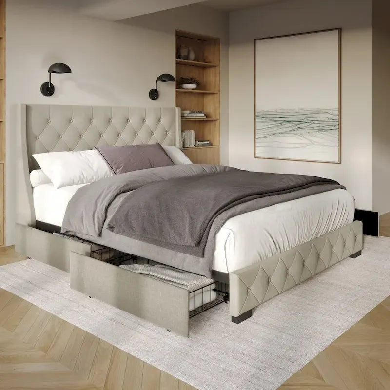 Button-Tufted Linen Storage Platform Bed with Wingback Headboard – Charcoal / Warm / Light Grey, Full / Queen / King, Single