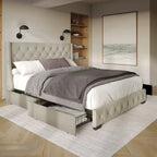 Button-Tufted Linen Storage Platform Bed with Wingback Headboard – Charcoal / Warm / Light Grey, Full / Queen / King, Single